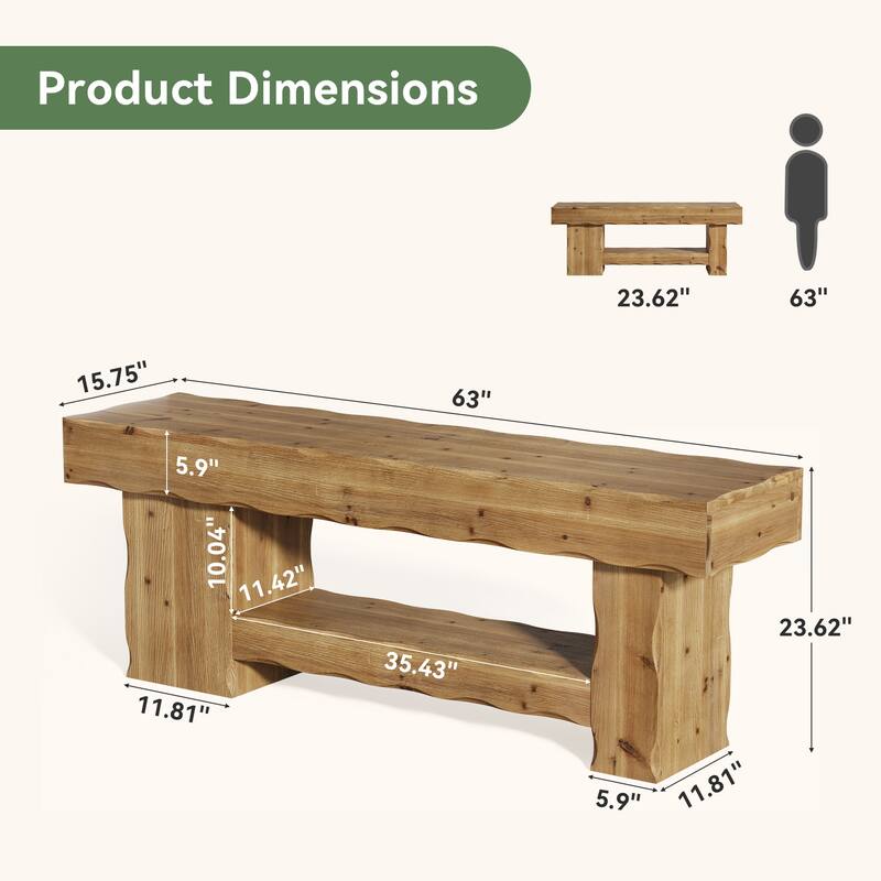 63 Inch Entryway Shoe Bench, Solid Wood Dining Bench for Kitchen / Bedroom / Hallway - 62.99" L x 15.74" W x 23.62" H