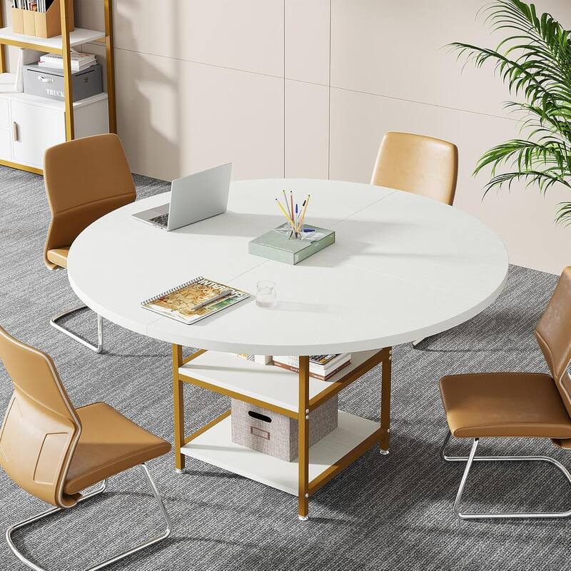 47-Inch Round Wood Conference Table with Storage Shelf Office Training Desk for Conference/Seminar Room