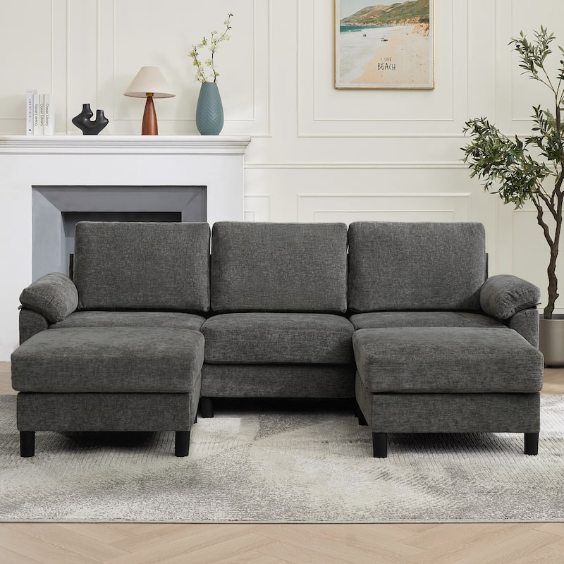 U-Shaped Chenille Upholstered Modular Sectional Sofa Couch with 2 Ottomans - Grey