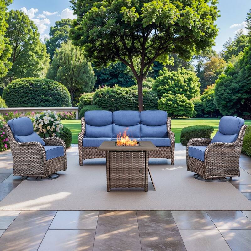 Pocassy 4 Pieces Outdoor 6" Sofa Swivel Chair with Fire Pit Table - Brown Wicker - Blue cushion