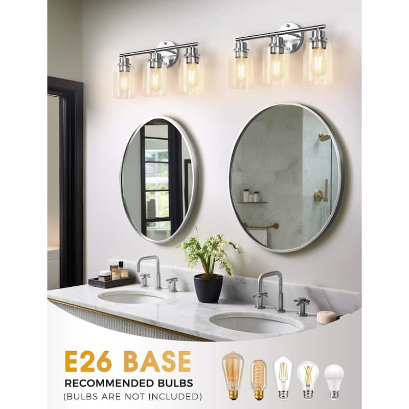 3-Light Brushed Nickel Cylinder Modern Bathroom Vanity Light with Clear Glass Shade,Wall Lamp for Mirror Kitchen Bedroom
