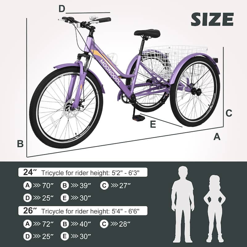 DoCred Mountain Tricycle 7 Speed 3 Wheel Bike with Basket