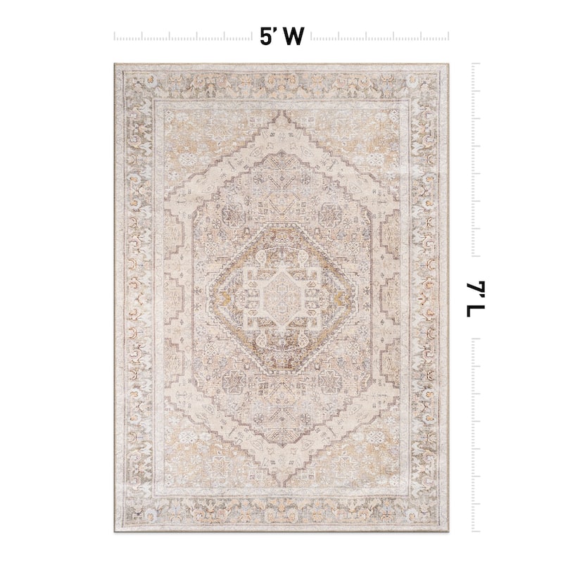 Beige Medallion Flat Pile Washable Rug - Pet Friendly, Non-Slip for Entryway and Bedroom