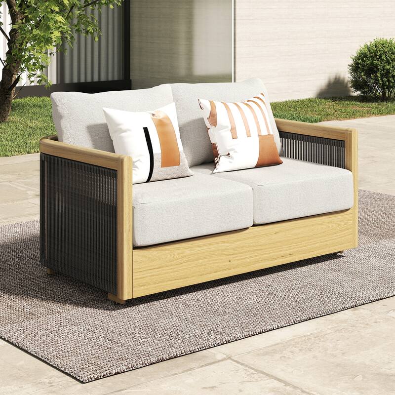 Overture 2-Person Natural Wood Grain Aluminum Hand-Woven Rope Patio Loveseat with Beige Cushions