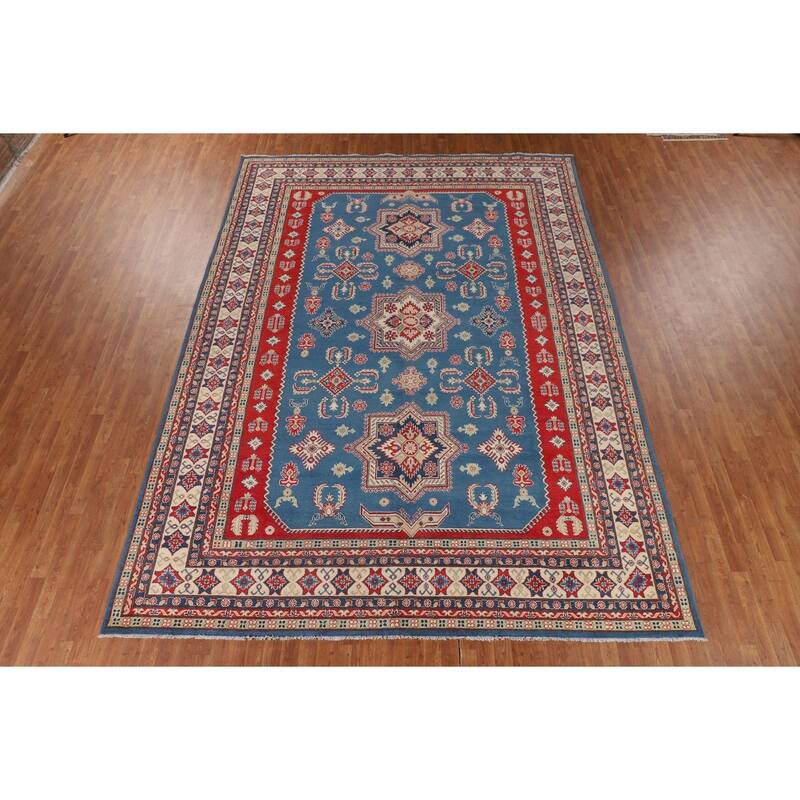 Blue Geometric Kazak Large Area Rug Hand-Knotted Wool Carpet - 9'9" x 13'2"