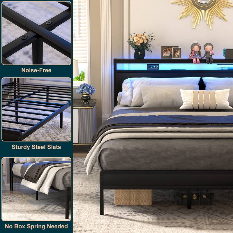Farmhouse Wood Platform Bed Frame with Charged Station and LED Lights