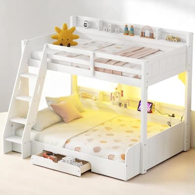 Modern Twin Over Full Bunk Bed with Storage, LED Lighting, USB & Plug Outlets, Drawer, and Guardrails