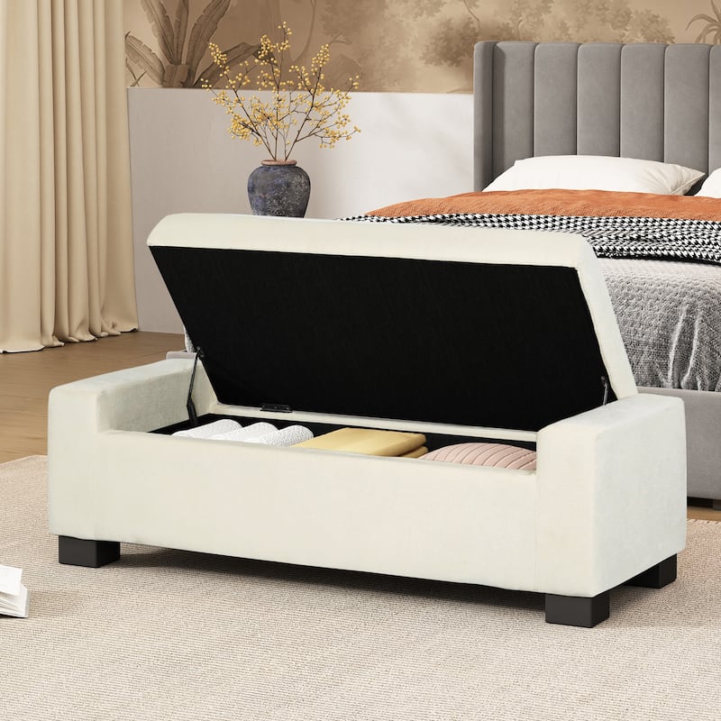 50" Ottoman Bench in Textured Fabric, Rectangular Design with Hinged Lid for Seating, Footrest, and Hidden Storage