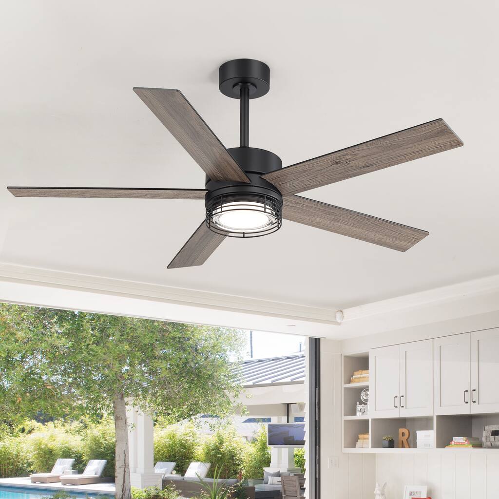 52-Inch Modern LED Ceiling Fan with Remote, Matte Black & Wood Grain Blades, Quiet DC Motor, Dimmable 3CCT Light