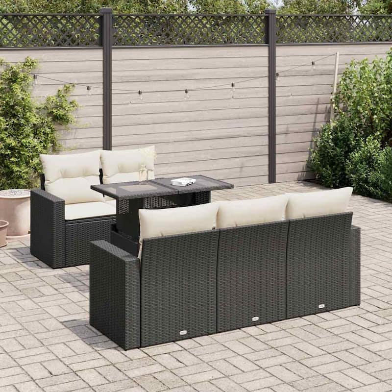 vidaXL Garden Sofa Set Black PE Rattan 6-Piece Set Adjustable Feet - 21.7 x 39.4 x 28.7 in