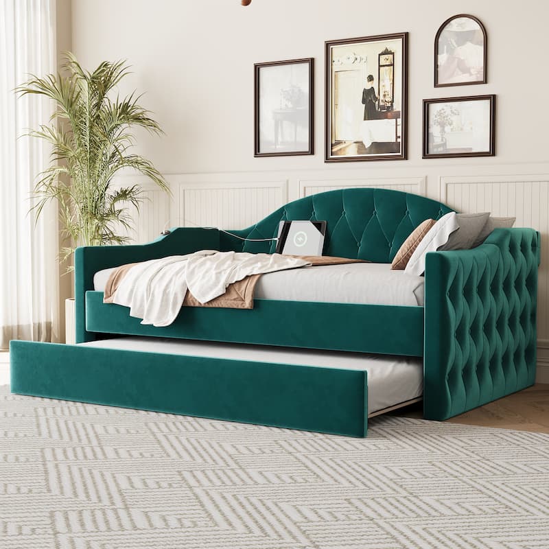 Tufted Upholstered Frame Daybed Velvet Sofa Bed with USB and Type-C Charging Ports, Twin Platform Low Profile Bed with Trundle