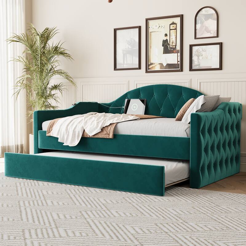 Twin Size Tufted Upholstered Daybed, Velvet Fabric Sofa Bed Frame with Trundle, Living Room Twin Daybed Frame with USB Ports