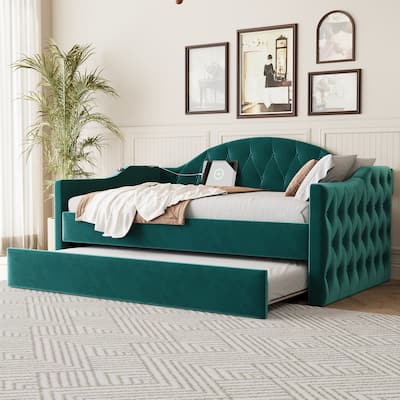 Twin Size Tufted Upholstered Daybed with Trundle ,Velvet Sofabed with USB&Type-C Charging Ports,No Box-spring Needed