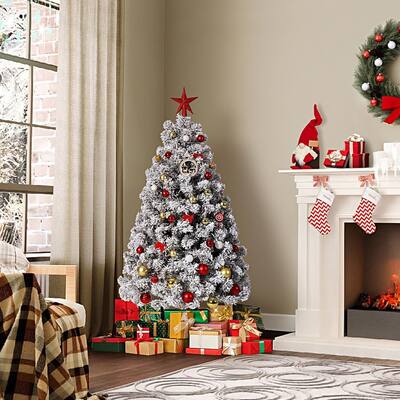 Foldable Metal Base Snowy Flocked Artificial Christmas Tree - N/A