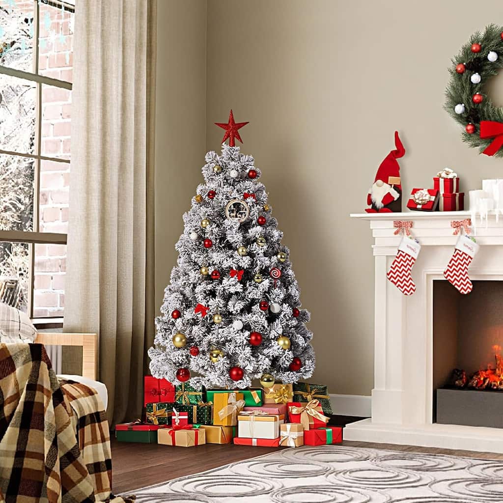 Foldable Metal Base Snowy Flocked Artificial Christmas Tree - N/A