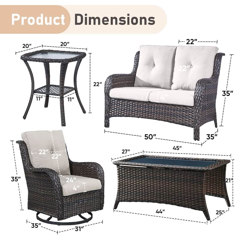 Pocassy 4 Pieces Outdoor 4 Inch Sofa Swivel Chairs Table