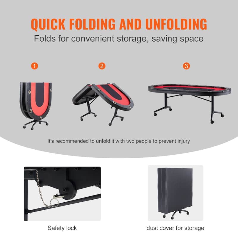 Black-Red Foldable Poker Table, Metal Steel Frame, Wooden Top and 10 Player Capacity - 90.2” L x 48” W x 31.5” H