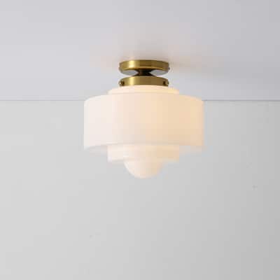 1-Light Mid-Century Modern Gold Brass Finish Semi-Flush Mount Ceiling Light with Milk Glass Shade for Bedroom, Kitchen