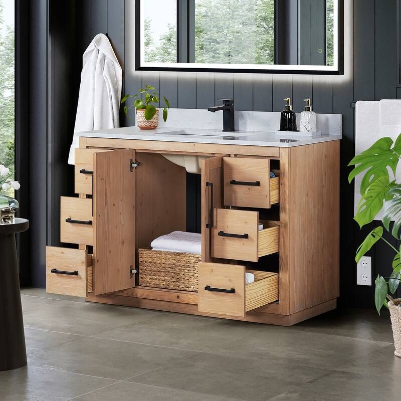 Cicero Single Bathroom Vanity in Light Brown with Grain White Engineered Stone Countertop without Mirror