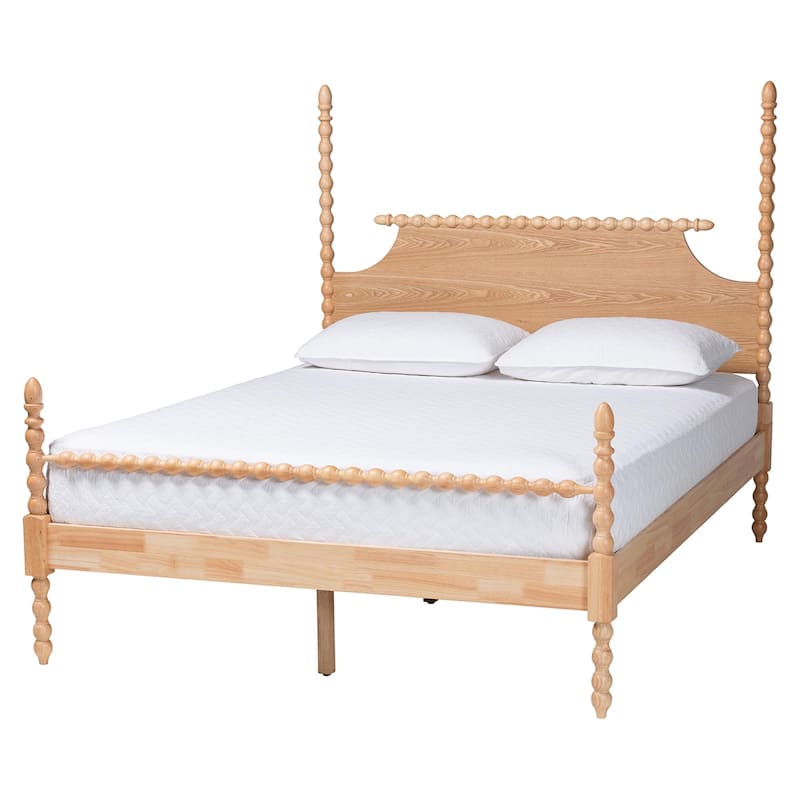 Caliana Bobbin Four-Poster Platform Bed - Wooden Bed Frame with Turned Spindle Posts and Panel Headboard, Vintage-Inspired Style - Natural Brown - Queen