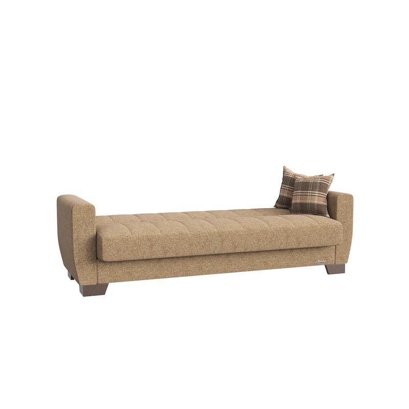 HomeRoots 84" Brown Chenille Convertible Futon Sleeper Sofa With Toss Pillows And Storage