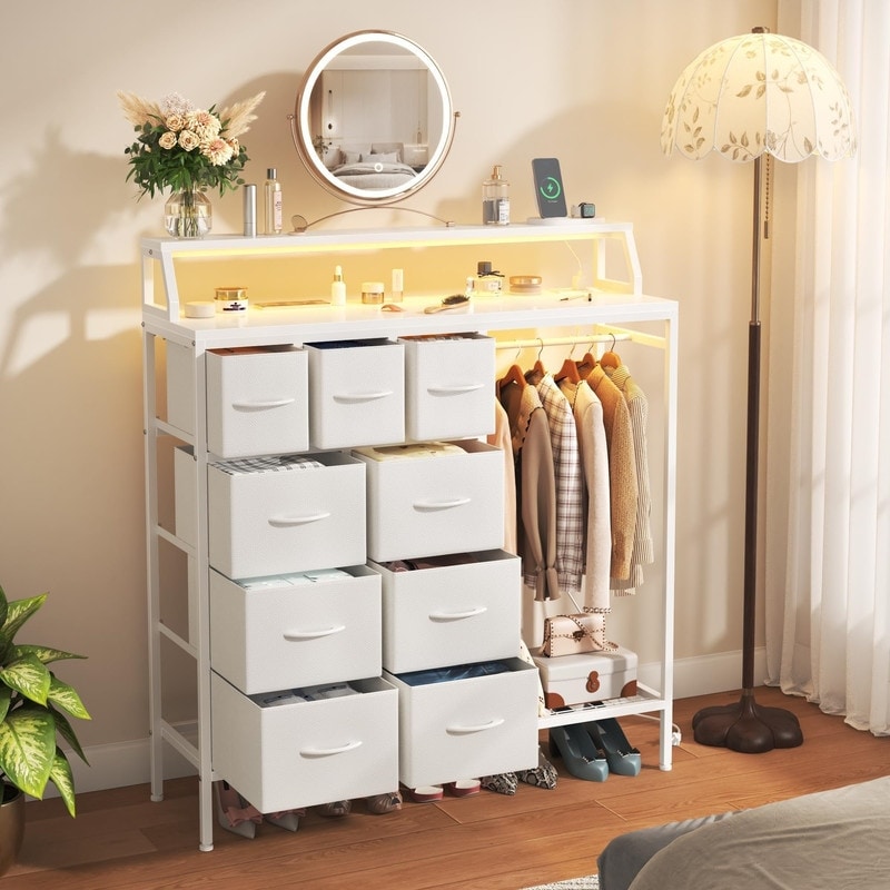 Dresser with Hanging Rack & Shelves - White Dresser with Hanging Rack & Shelves - White