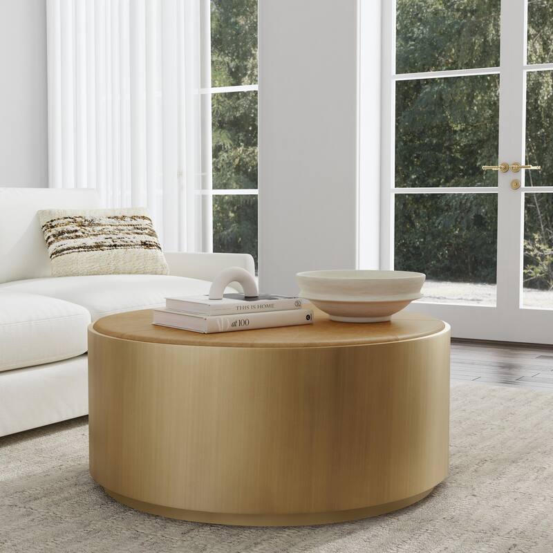 Classic Home Evan 40" Round Brass Coffee Table by Kosas home - Leather
