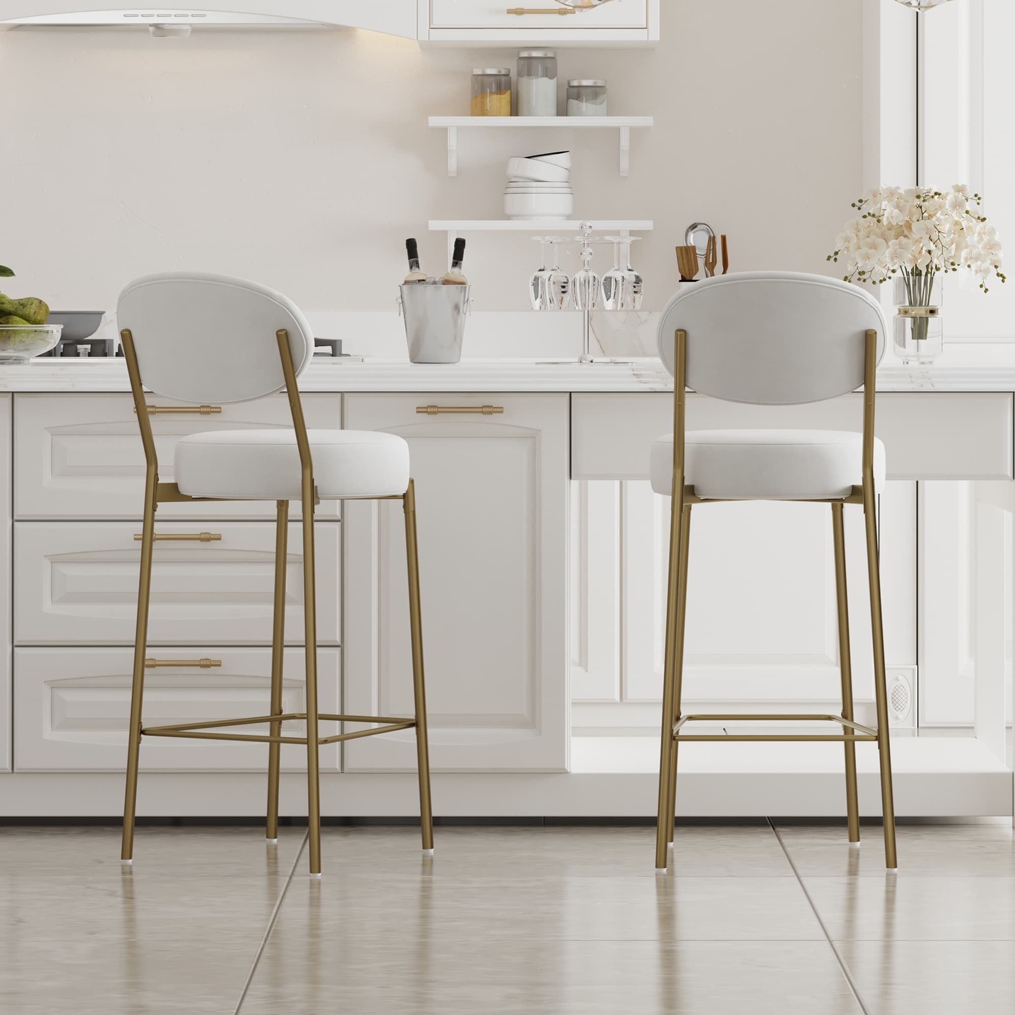 Benzara White and Gold Small Upholstered Bar Stool Benzara White and Gold Small Upholstered Bar Stool