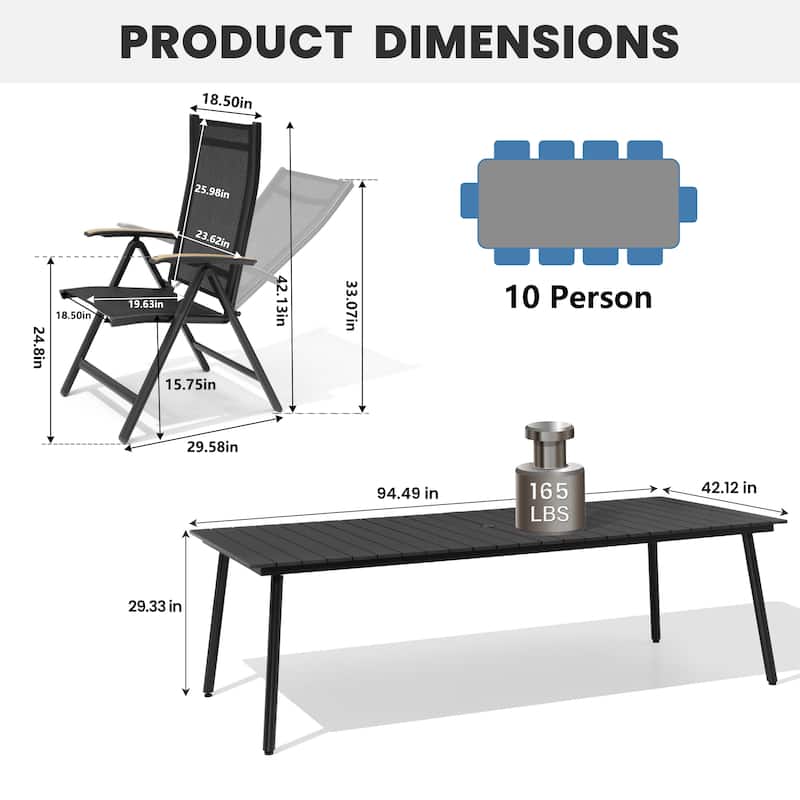 11-Piece Outdoor Aluminum Dining Table and Foldable Adjustable Dining Chairs Set