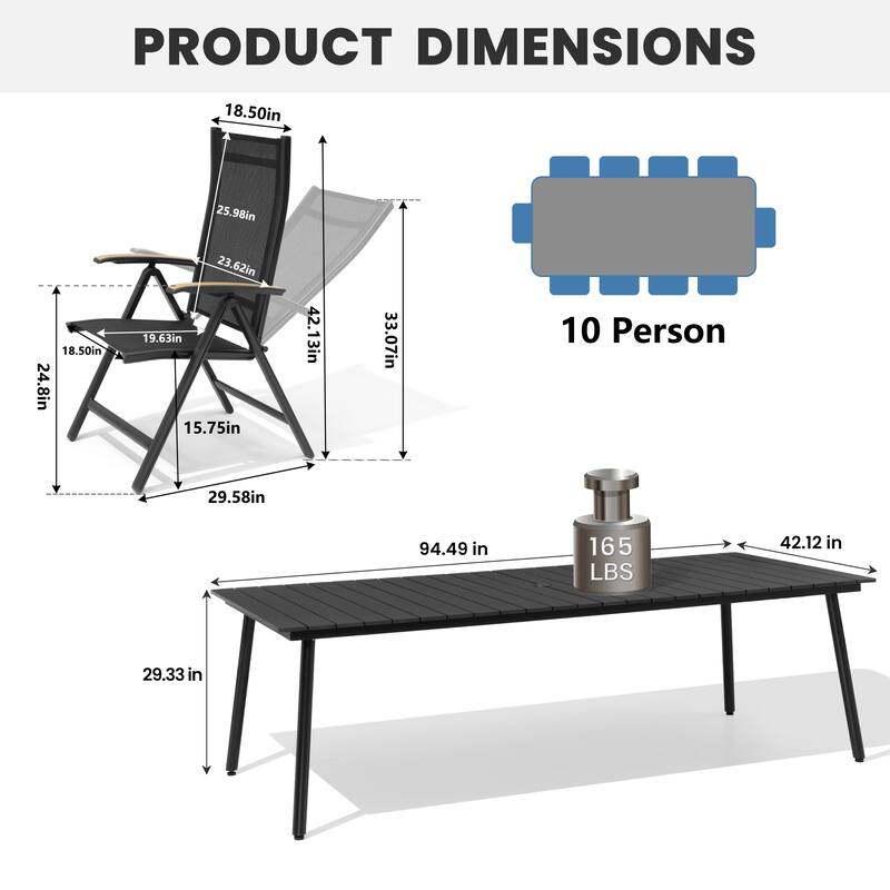 9-Piece Set Outdoor Aluminum Dining Table and Foldable Adjustable Dining Chairs