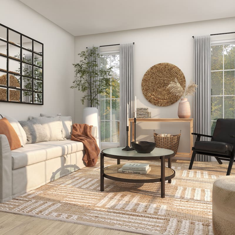 Rattan Living Room Coffee Table with Pressed Tempered Glass Top - Brown - Roche River Decor