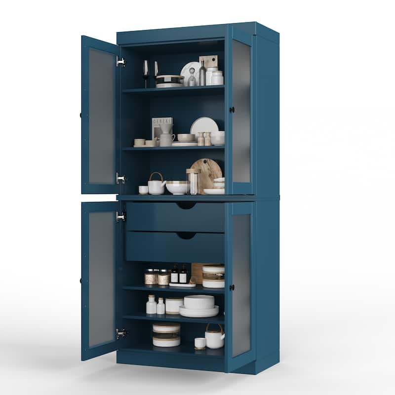 Palace Imports 100% Solid Wood Pantry Cabinet with Frosted Glass Doors, 2-Drawers and Adjustable Shelves - 32" x 71.5"