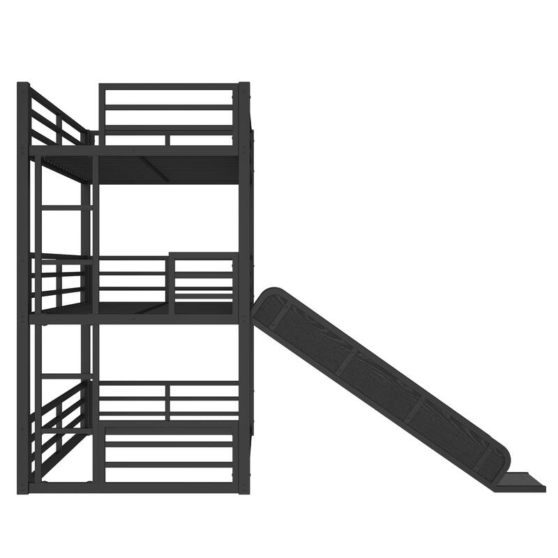 Twin/Twin/Full Triple Bunk Bed with Slide - Metal Frame, Safety Guardrails, Noise-Reduced (Black)