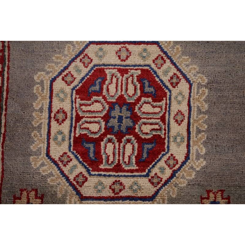 Gray Geometric Kazak Runner Rug Handmade Oriental Wool Carpet - 2'8" x 19'5"