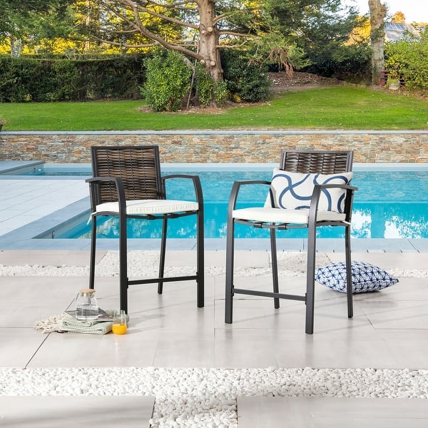 slide 1 of 7, Patio Festival 2 Piece Rattan/Wicker Bar Stool Set with Cushions