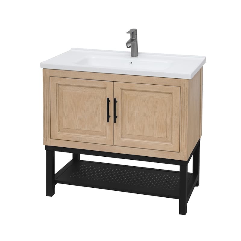 GDFStudio - CompactLine Modern Freestanding Bathroom Vanity with Ceramic Sink and Open Metal Shelf - 36 Inch