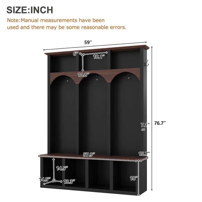 Farmhouse Hall Tree with Storage Bench & Shoe Cabinet, Arched Entryway Organizer with 5 Hooks and 7 Cubbies, Walnut Finish