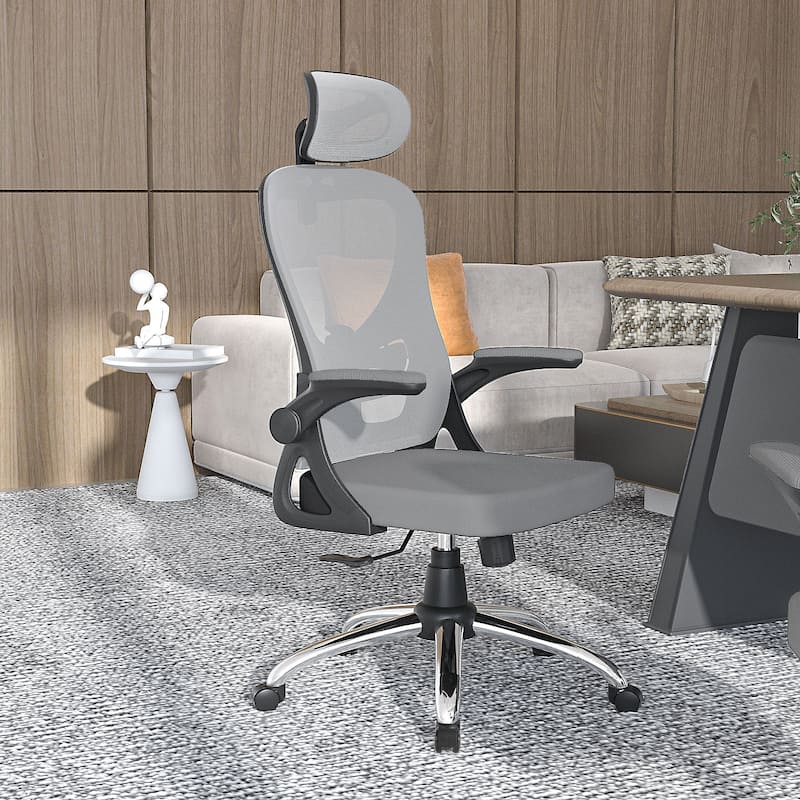 VECELO High Back Ergonomic Office Chair with Adjustable Headrest Armrest Mesh Lumbar Support - Grey