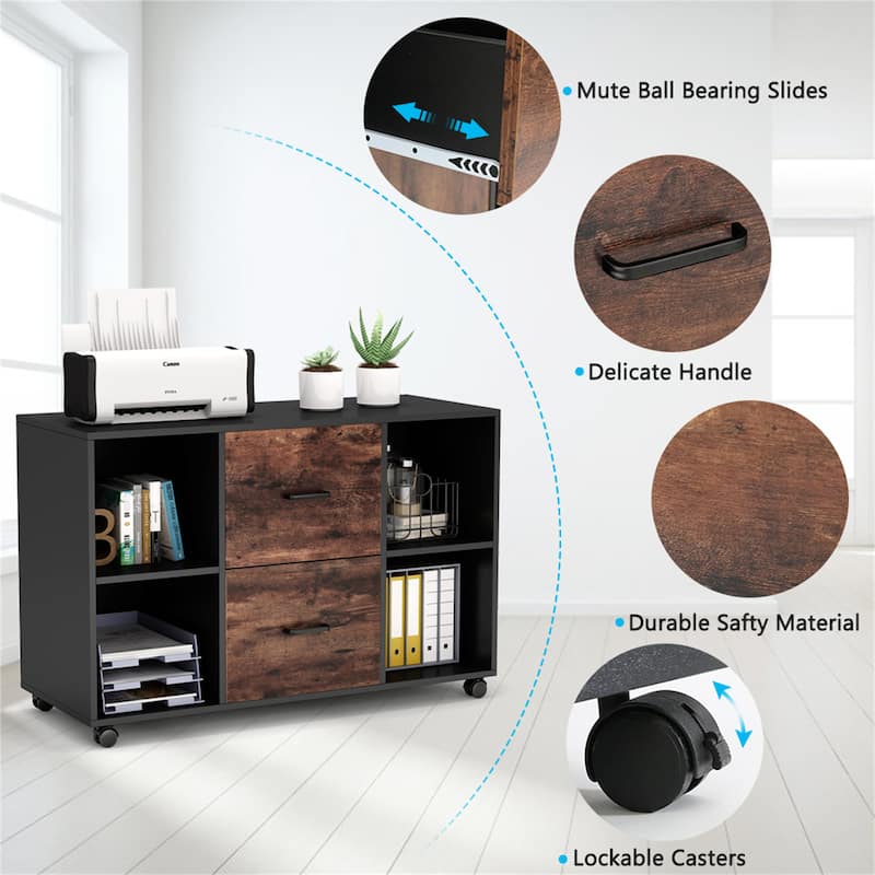 Wood File Cabinet with 2 Drawers and 4 Open Shelves Office Storage Cabinet