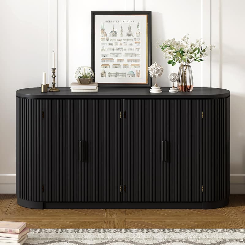 Modern Storage Cabinet with Adjustable Shelves, Metal Handles and Vertical Striped Doors