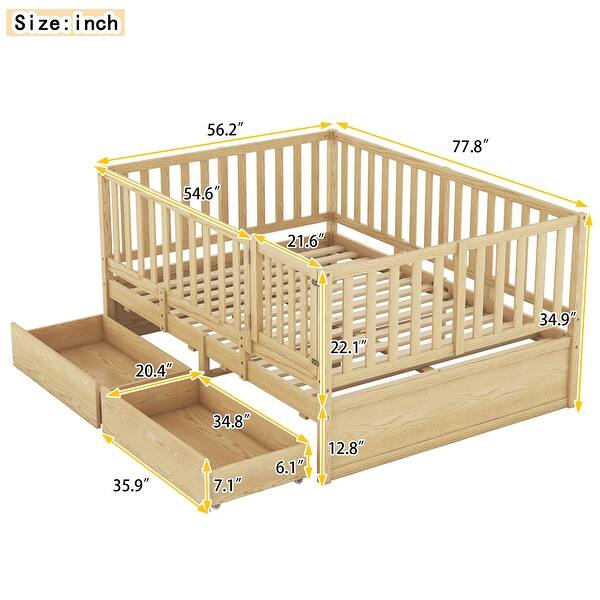 dimension image slide 0 of 3, Full Size Daybed with Fence Guardrails and 2 Drawers