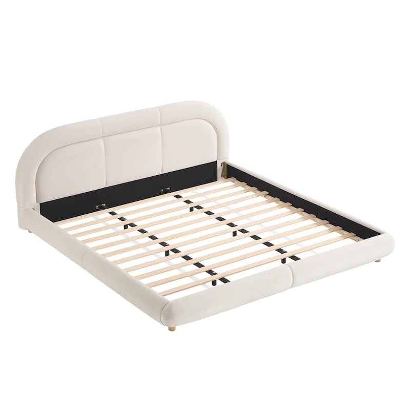 King Size Velvet Upholstered Platform Bed with Curved Headboard