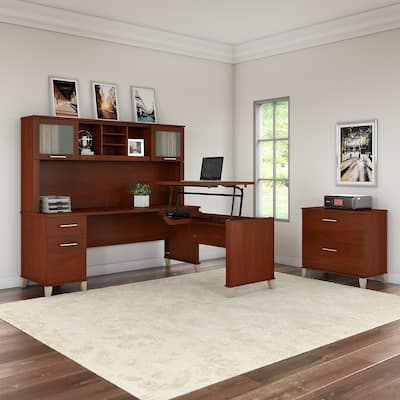 Somerset 72W Sit to Stand L Shaped Desk with Hutch and Cabinet in Gray