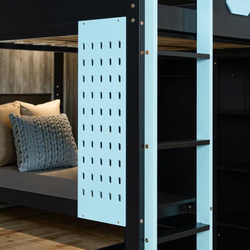 Full Size Wood Loft Bed with Desk, Open Wardrobe and Shelves, RGB LED Light, USB Ports and Power Outlets