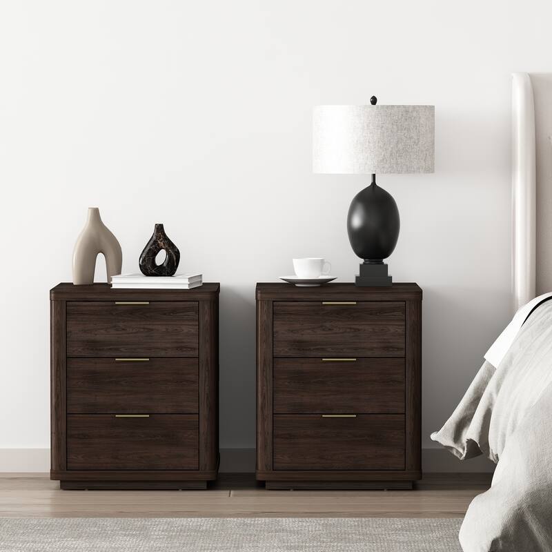 Manhattan Comfort Evelyn 3 Drawer Modern Nightstand Set of 2 - Brown