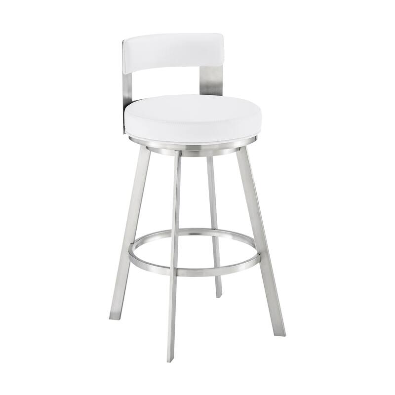 Ami 26 Inch Swivel Counter Stool Chair, White Faux Leather, Stainless Steel