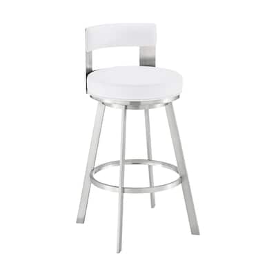 Ami 26 Inch Swivel Counter Stool Chair, White Faux Leather, Stainless Steel