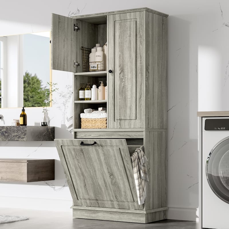 GDF Studio - Tommy Modern MDF Tall Storage Cabinet with Adjustable Shelves and Large Flip-Out Basket - Oak
