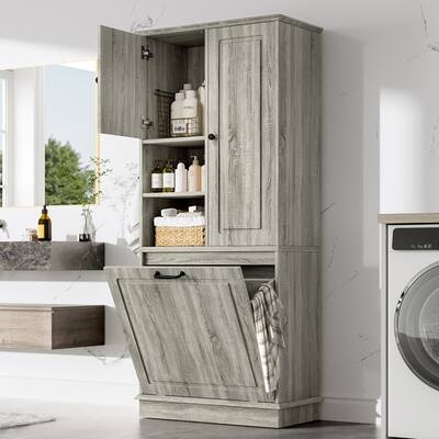 GDF Studio - Tommy Modern MDF Tall Storage Cabinet with Adjustable Shelves and Large Flip-Out Basket