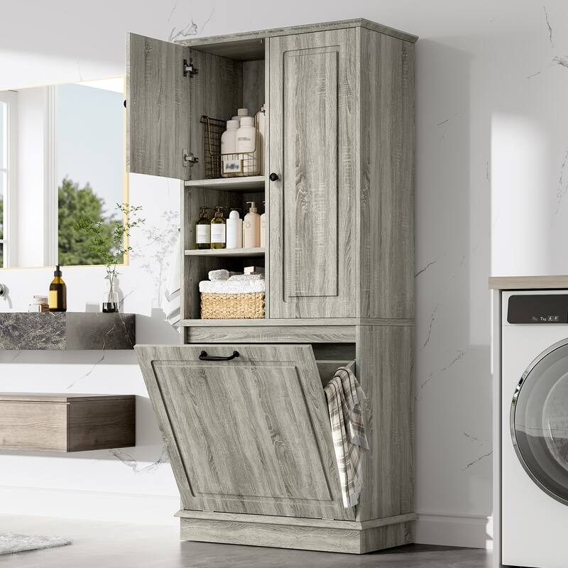 Tall Storage Cabinet with Adjustable Shelves, Flip-Out Basket & Enclosed Doors - Oak